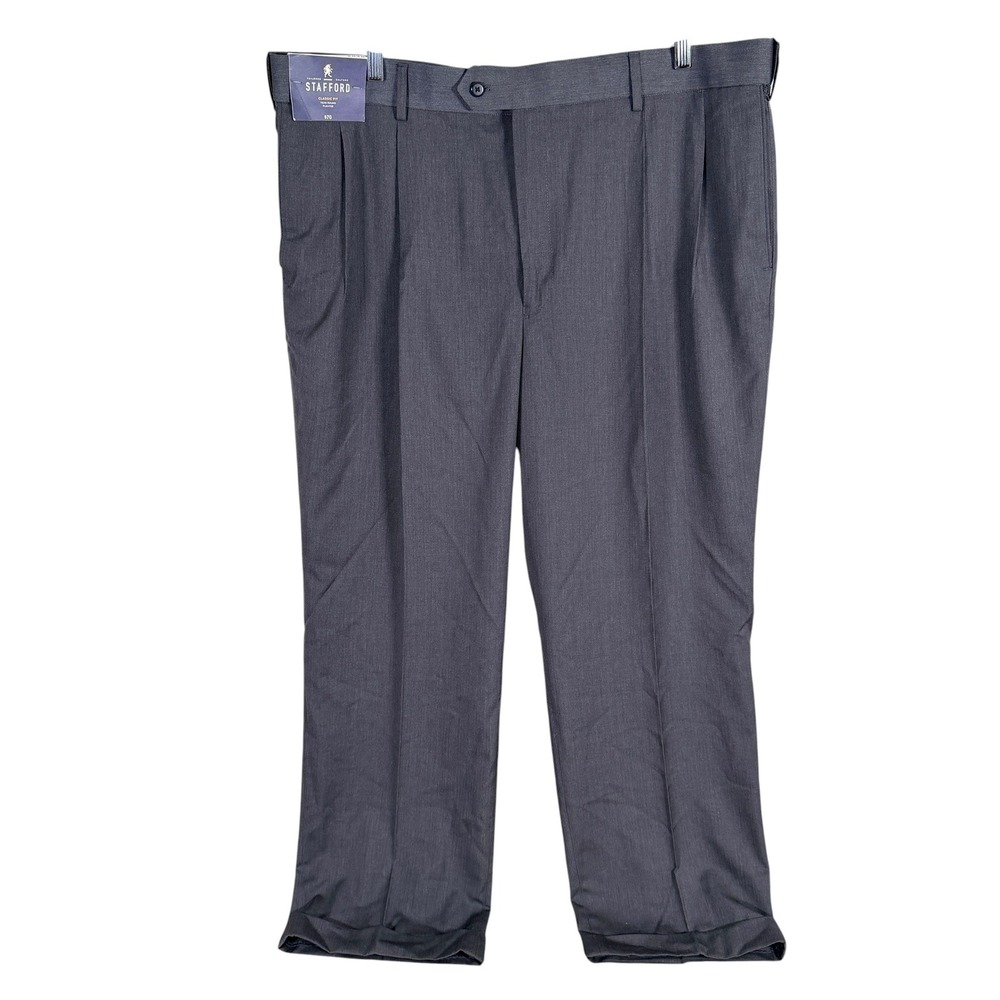 Stafford Dress Pants Mens 44x30 Grey Classic Fit Double Pleated Cuffed NEW